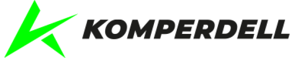 Das Komperdell-Logo mit einer fetten, schwarzen serifenlosen Schrift und einem markanten grünen K-förmigen Design links neben dem Text vermittelt ein modernes und sportliches Gefühl.