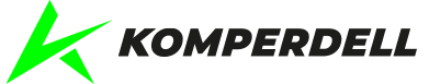 Das Komperdell-Logo mit einer fetten, schwarzen serifenlosen Schrift und einem markanten grünen K-förmigen Design links neben dem Text vermittelt ein modernes und sportliches Gefühl.