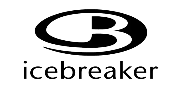 Logo der Marke „Icebreaker“ mit einem stilisierten schwarzen Buchstaben „B“ in einem Oval über dem Wort „icebreaker“ in kleinerer schwarzer Schrift.