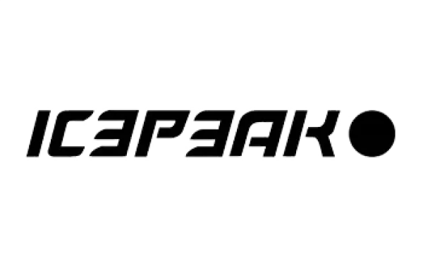 Bold black text "ICEPEAK" on a light gray background, styled with angular, futuristic fonts. A solid black circle follows the text, adding a modern touch.ogo