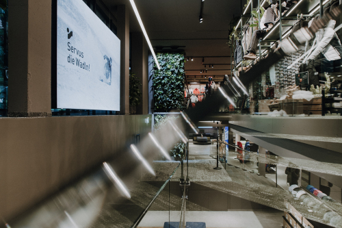 Modernes Ladendesign mit digitaler Anzeige, begrünter Wand und eleganten Designelementen.