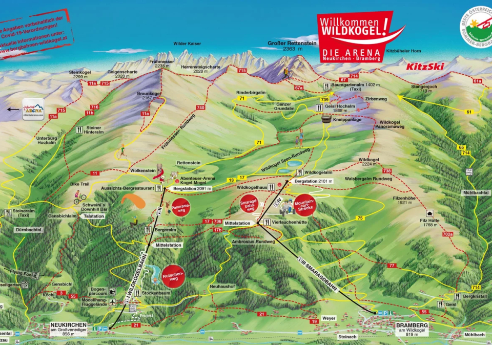 Farbenfrohe, illustrierte Skigebietskarte der Wildkogel Arena. Sie zeigt Skipisten, Lifte und Höhenangaben mit Beschriftungen und Symbolen vor dem Hintergrund der Berge.