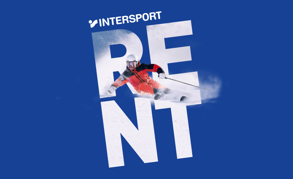 A skier in a red outfit dynamically carves through snow, embedded in bold white text "RENT" on a blue background with "INTERSPORT" at the top. Energetic and vibrant.