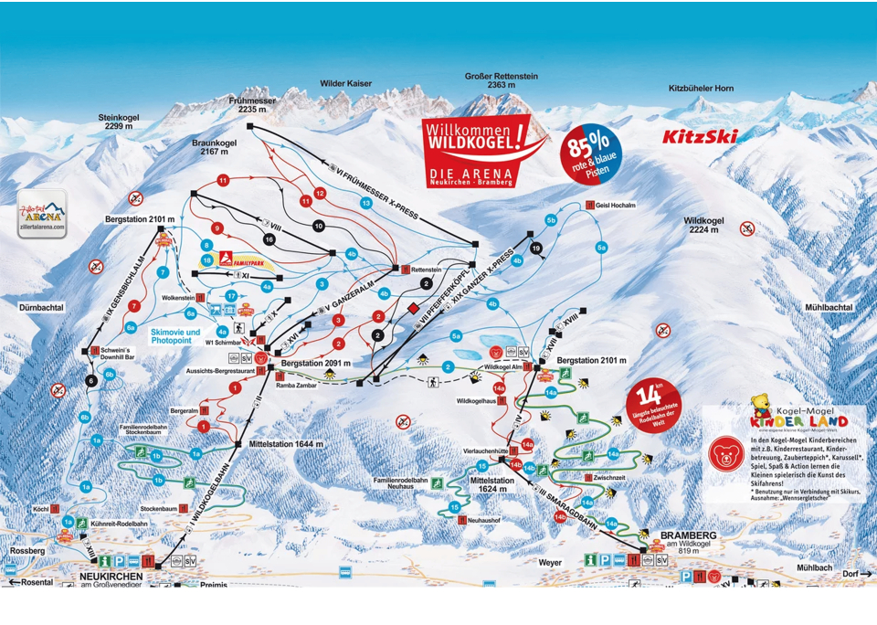 Landschaftliche Skigebietskarte der Wildkogel Arena mit markierten Skipisten, Liften und Höhenangaben. Das lebendige Design verbessert die Orientierung und steigert die Vorfreude.